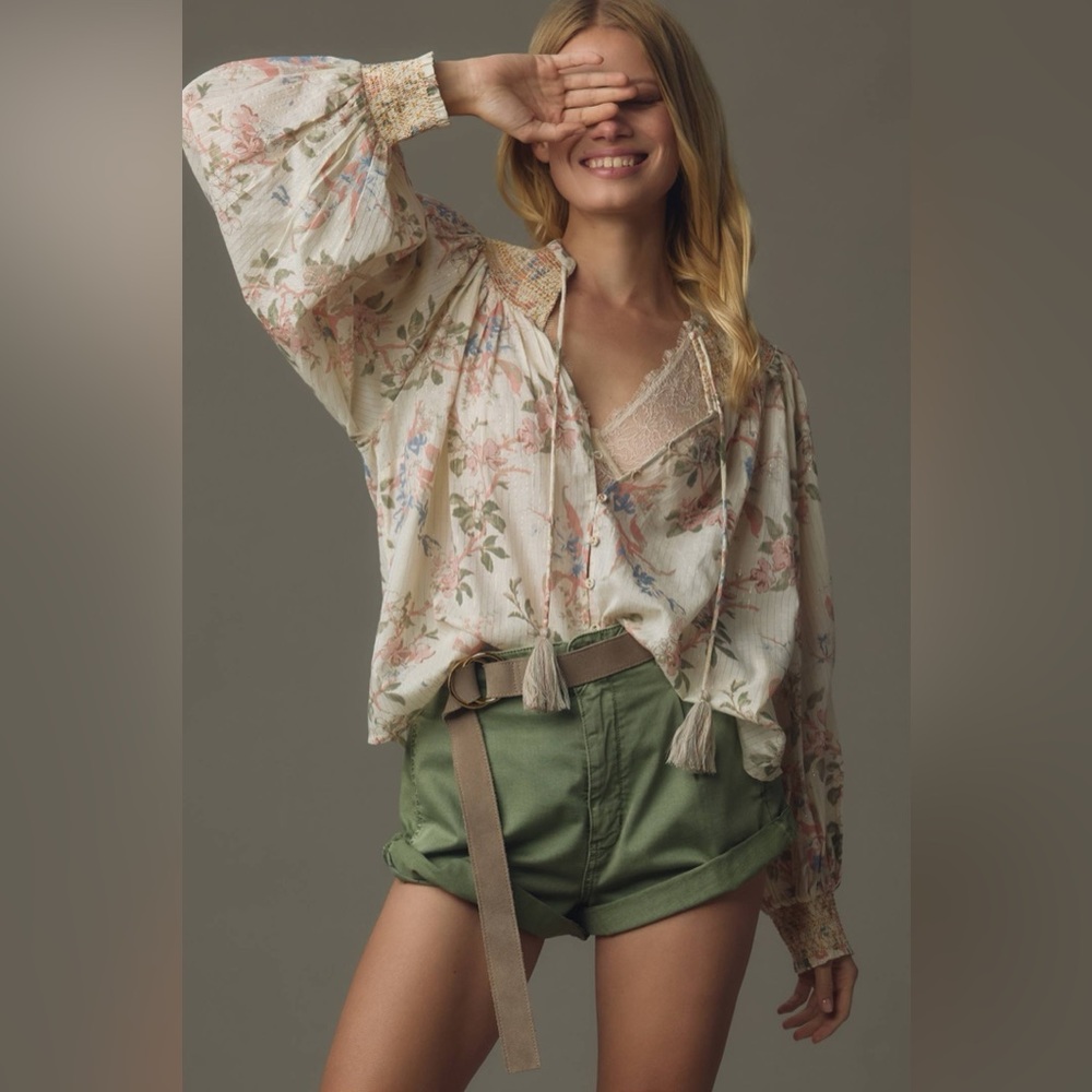 Anthropologie Long Sleeve Smocked Lurex Floral Blouse Size Small